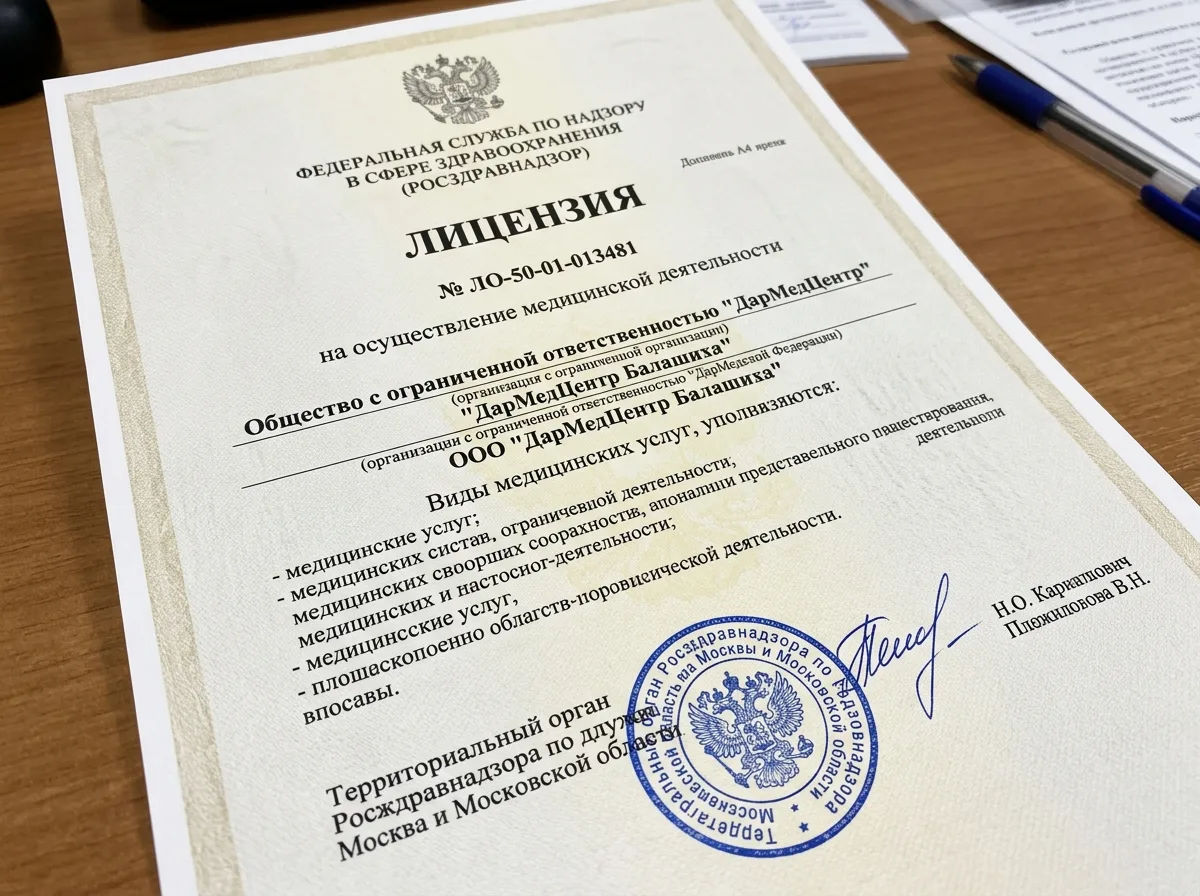 Лицензия Росздравнадзора ЛО-50-01-013481 на осуществление медицинской деятельности — ООО ДарМедЦентр Балашиха, официальный бланк с печатями