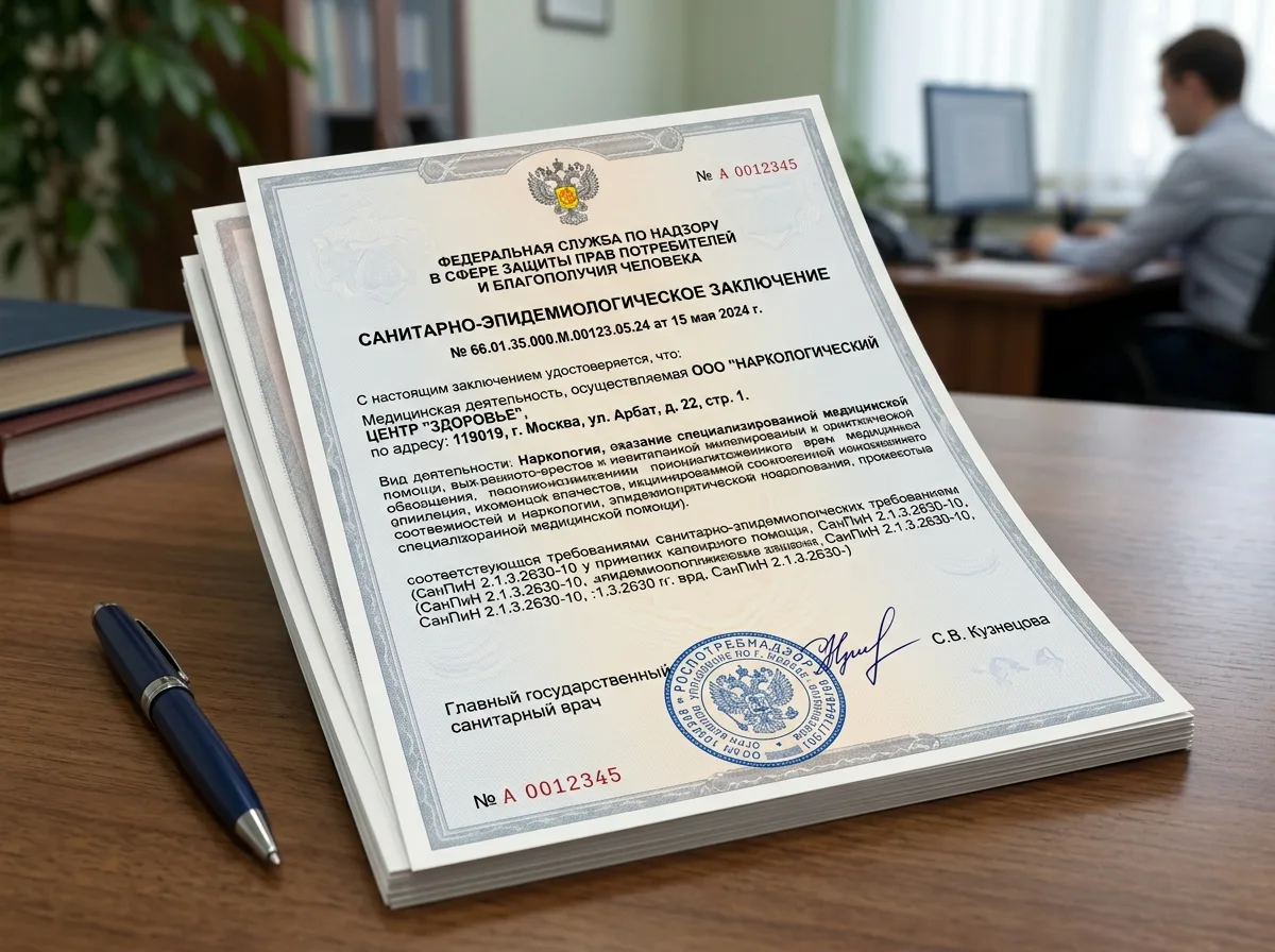Санитарно-эпидемиологическое заключение Роспотребнадзора для наркологической клиники, официальный документ с печатью и подписью